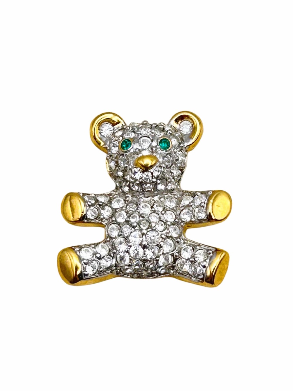 Vintage Signed Swavorski Crystal Teddy Bear Pin Brooch Emerald Green Eye